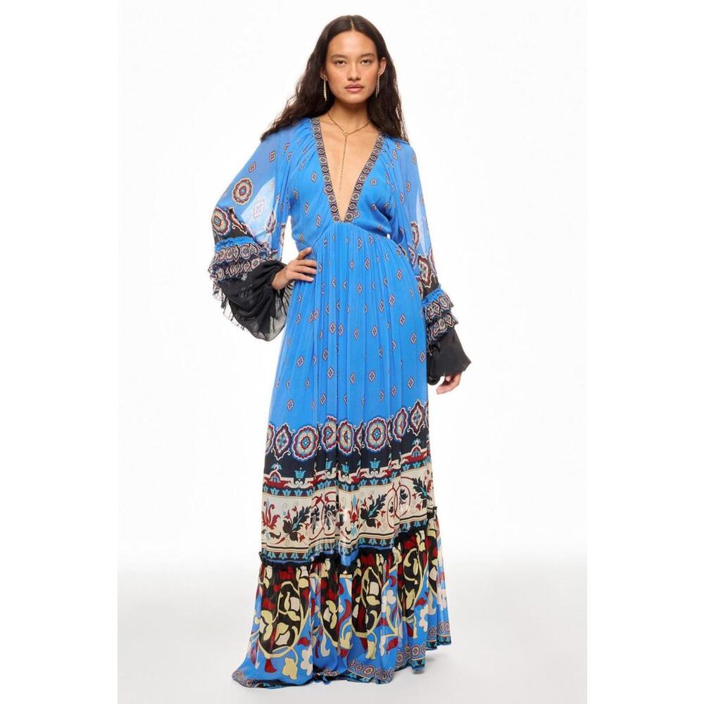 FARM Rio Multicolored Anika Tiles Blue Maxi Dress Size XS with Fabric Snags